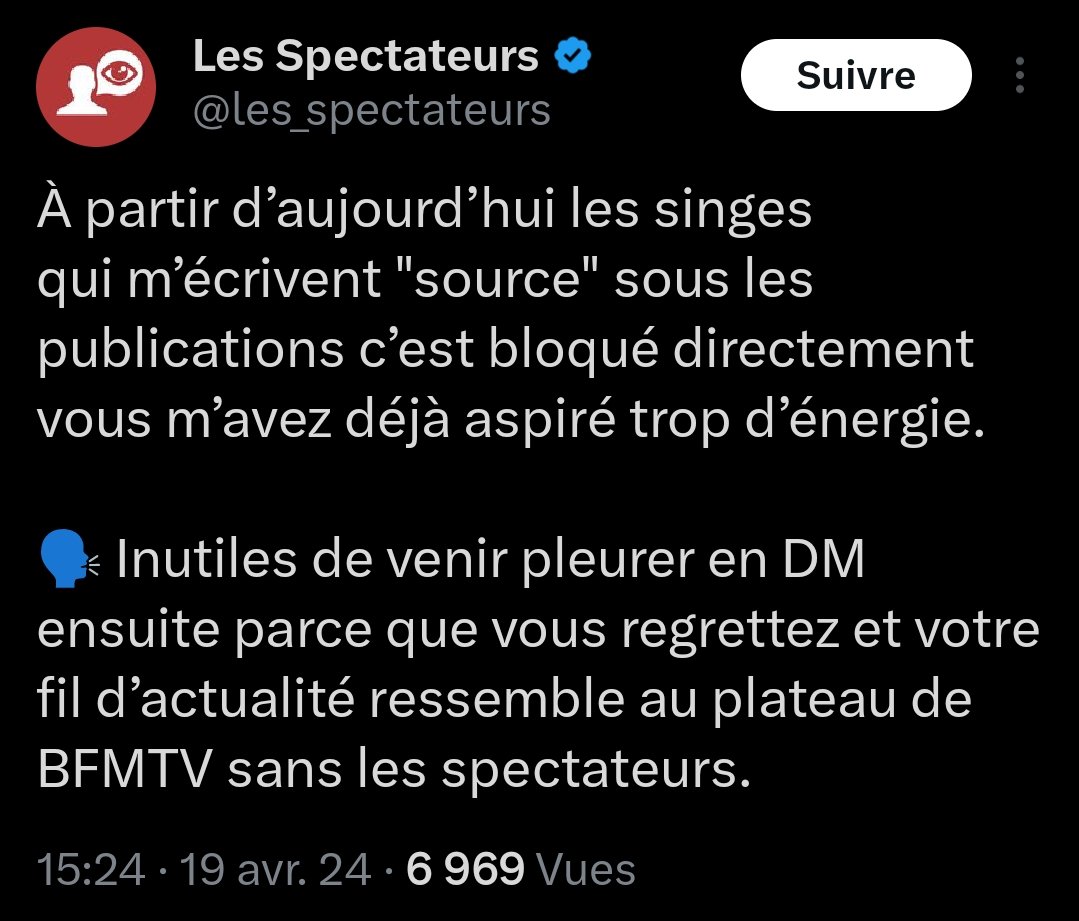 Je viens de tomber sur ce post hallucinant de @les_spectateurs qui bloque les personnes qui demandent la source de ces posts. 1) Demander la source est normal et légitime. 2) Demander la source sous tes posts est d'autant plus normal vu la médiocrité de tes 'informations'.