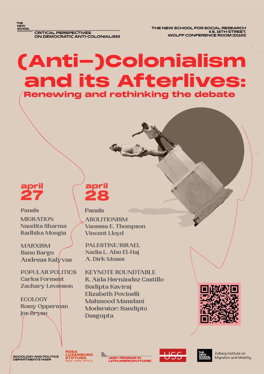 Very excited for this conference rethinking the academic and political life of anticolonial/postcolonial thought April 27 - 28, at @NSSRNews Open to the public. Please register here: event.newschool.edu/anticolonialis…