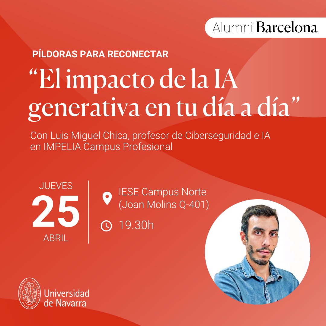 Alumnis de <a href="/unav/">Universidad de Navarra</a>, y no alumnis en Barcelona. ¡Al loro!

¿Con ganas de una píldora formativa sobre la IA y hacer birras/networking en un encuentro de <a href="/alumni_unav/">Alumni UNAV</a>? Nos vemos el jueves q viene!
🗓️25/04/24
⌚️19.30h
📍<a href="/iesebschool/">IESE Business School</a> Campus Norte

Inscripciones: bit.ly/3Q2qq3W