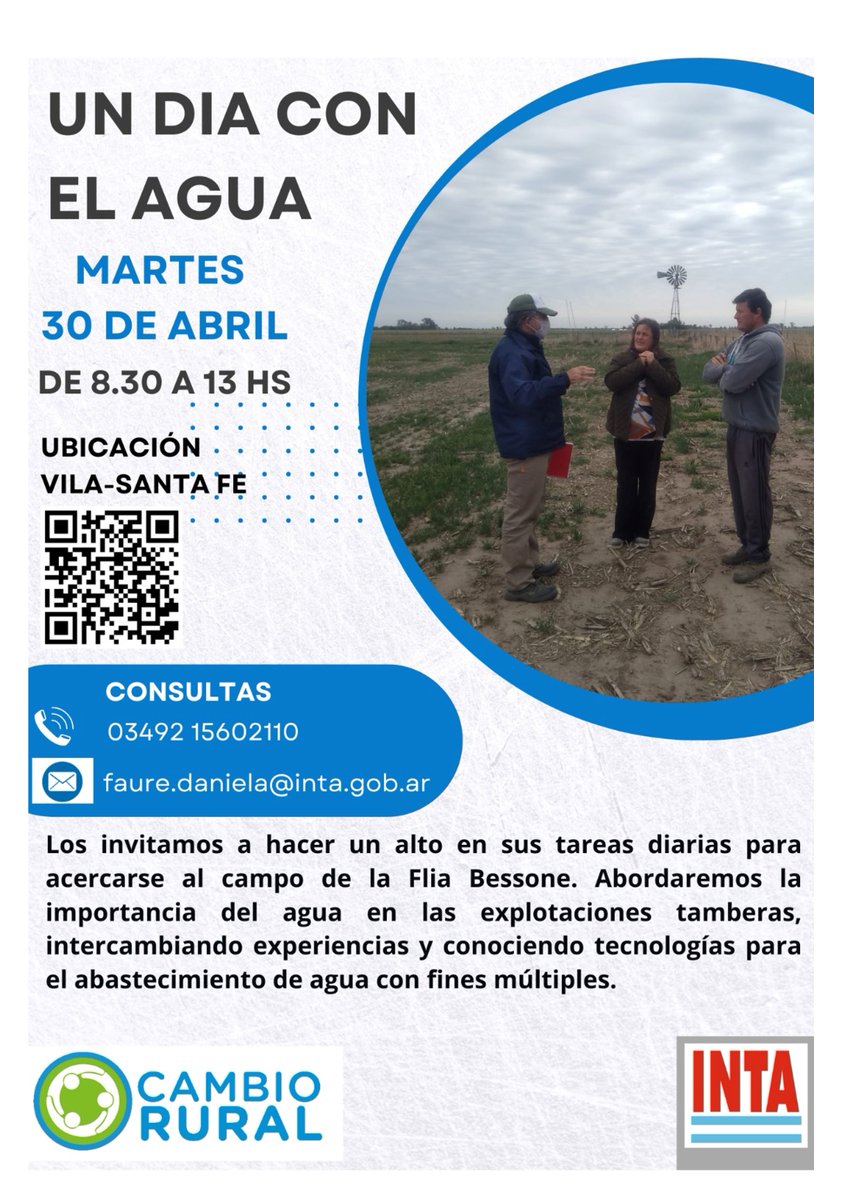 🗓️El martes 30 de abril, de 8.30 a 13, en Vila (Santa Fe), vamos a pasar Un día con el agua 🫗💧🌧️ Junto a Rubén Tosolini, visitaremos el tambo de la familia Bessone, para saber más sobre el agua en las explotaciones tamberas. 🐄📝Inscribite ahora‼️ forms.gle/HRSjKMowNWiVfi…