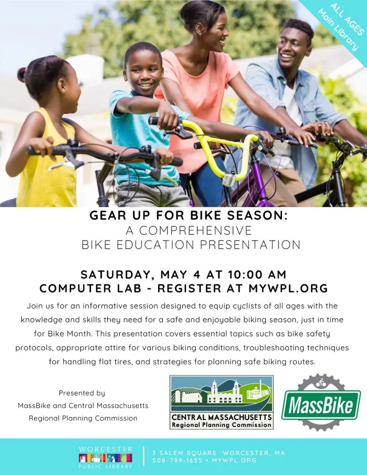 In Massachusetts #IMLSMedals finalist @Worcester_PL teams up w/ MassBike and Central Massachusetts Regional Planning Commission to help community Gear Up for Bike Season on May 4! #BikeMonth patch.com/massachusetts/…