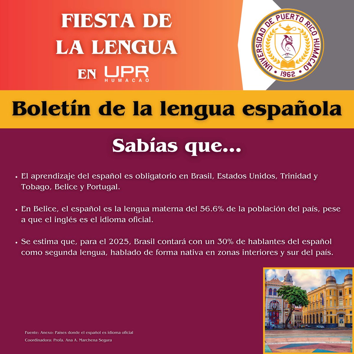 Como parte de la celebración de la Fiesta de la Lengua 2024 en UPR Humacao, el Departamento de Español comparte su Boletín de la lengua española (Ed. #6).

#FiestadelaLengua #Español #UPRH #SiempreBúhos