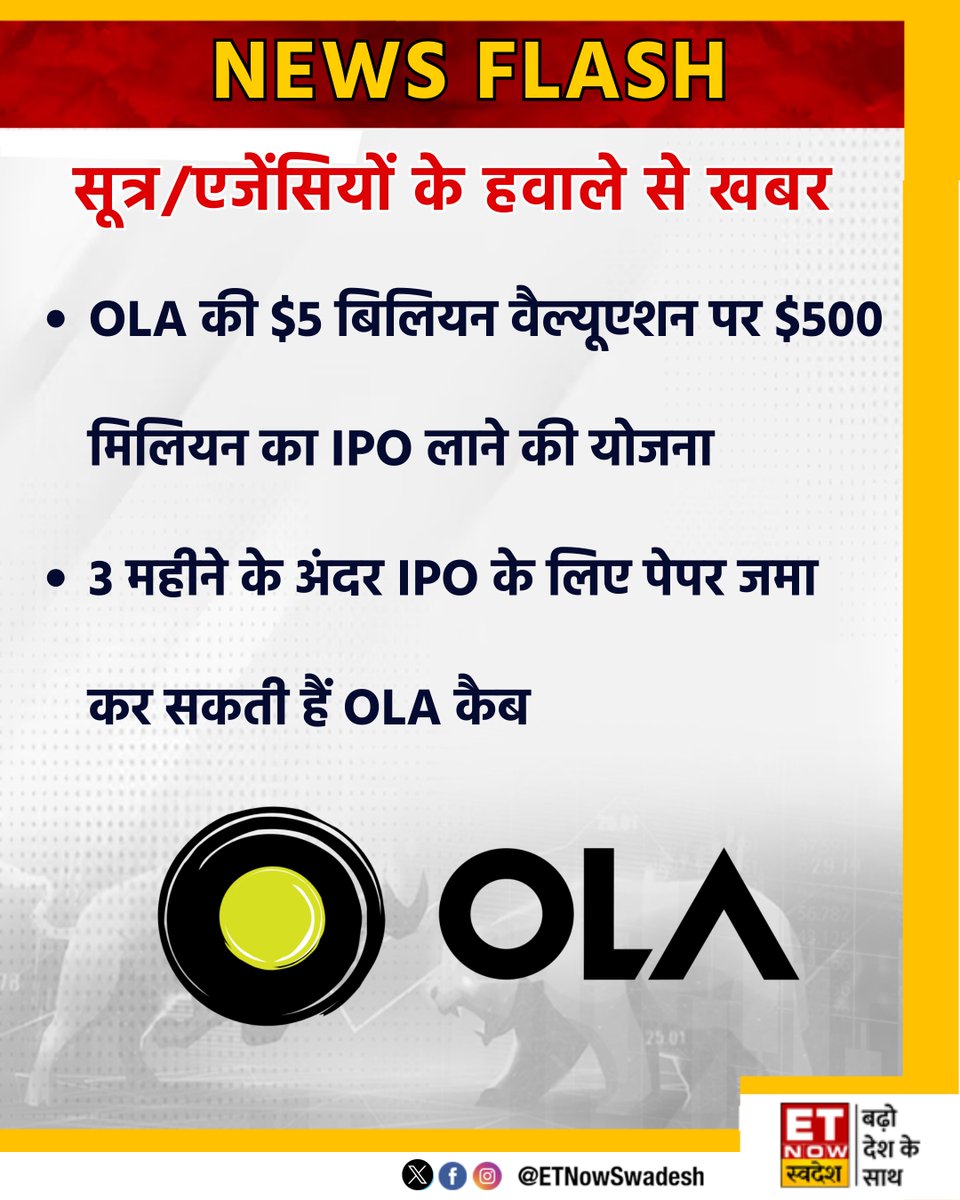 #NewsFlash | OLA की $5 बिलियन वैल्यूएशन पर $500 मिलियन का IPO लाने की योजना

#OlaCabs #OLA #IPOAlert #IPONews