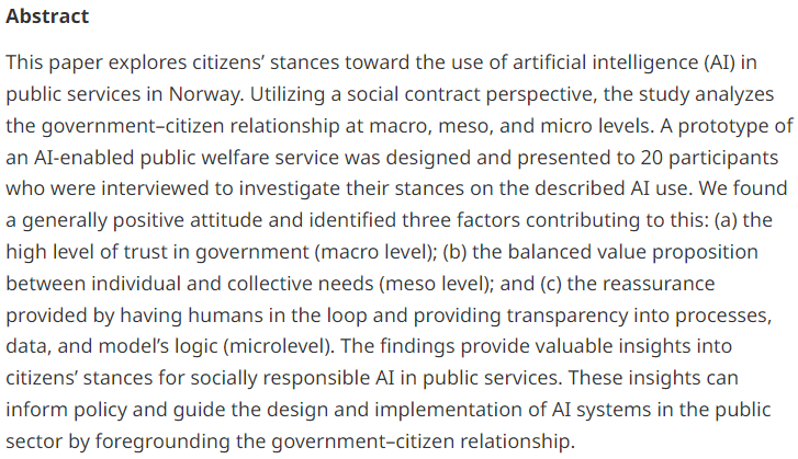New article! Exploring citizens’ stances on AI in public services: A social contract perspective by Stefan Schmager, Charlotte Husom Grøder, Elena Parmiggiani, Ilias Pappas & Polyxeni Vassilakopoulou bit.ly/4aHLepF #AI #ArtificialInteligence #AgreementModeling