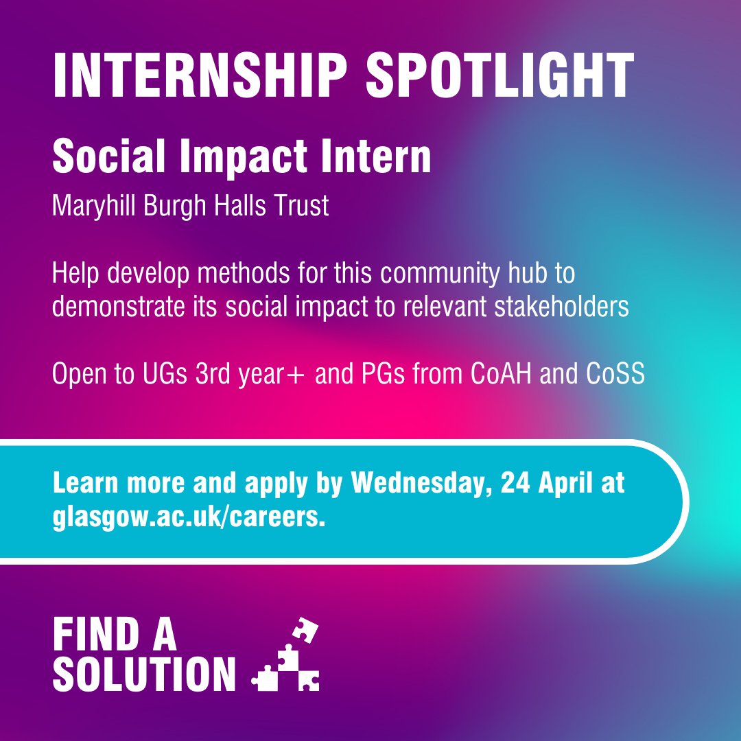 ⭐️ Internship spotlight! Social Impact Intern @maryhill_halls Open to UGs 3rd year+ and PGs from @UofGArtsHums/@UofGSocSci Help develop methods for this community hub to demonstrate its social impact to relevant stakeholders. 👉 Apply by Wed, 24 Apr at glasgow.targetconnect.net/leap/jobs.html….