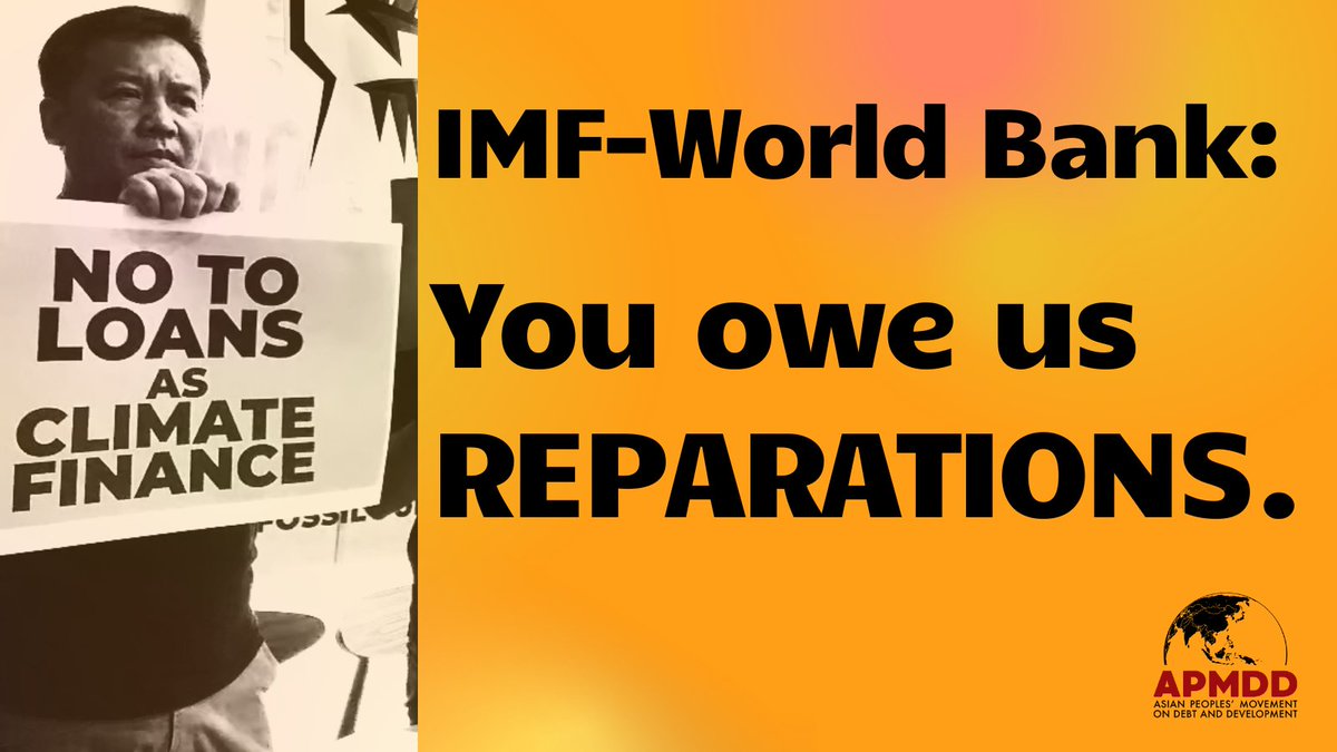 We demand accountability and reparations from @WorldBank @IMFNews for the systemic debt and climate crises in the Global South! 

#CancelTheDebt #DebtCancellationNow #EndFossilFuelFinance #DebtJustice

@KGeorgieva
@AsianPeoplesMvt
@debtgwa