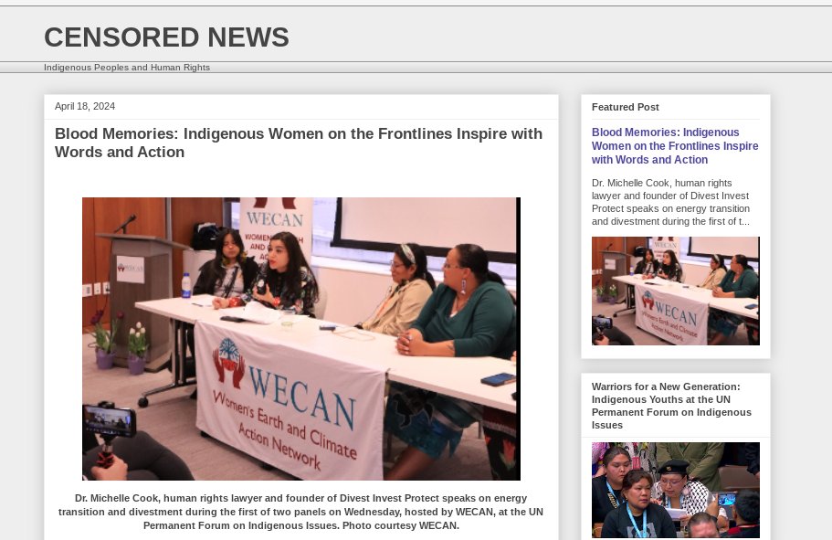Indigenous Youths and Women Lead at #UNPFII now underway in New York. New at Censored News 'BLood Memories: Women on the Frontlines Inspire with Words and Action,' from WECAN panels. bsnorrell@blogspot(dot)com