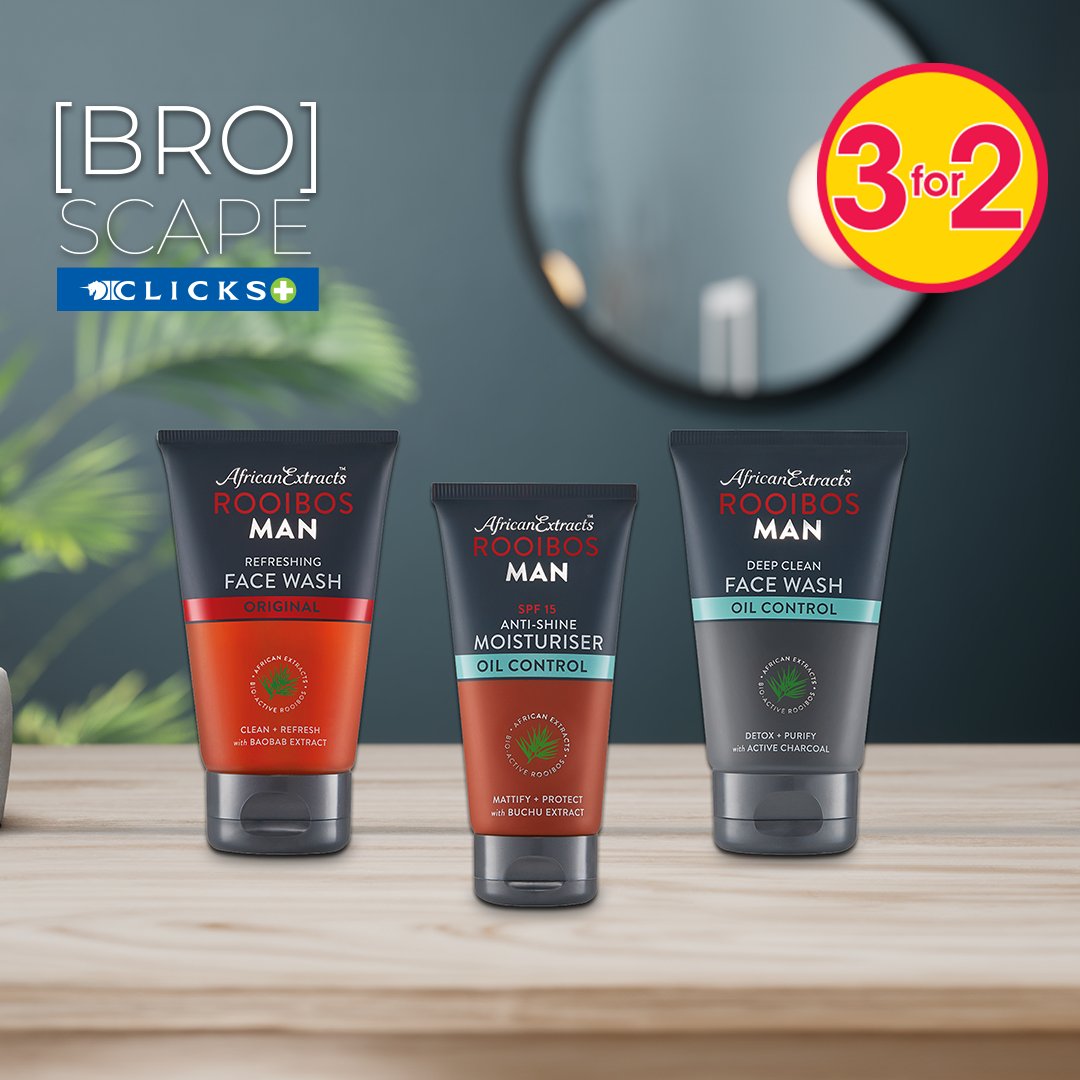 Clicks_SA's tweet photo. Your face tells your story! 📘💼

Make it a good one with The Rooibos Man skincare range tailored for men when you shop our 3 for 2 offer in store and online. -> https://t.co/Shdzf94BHj

#RooibosMan #Clicks #BroScape https://t.co/B8hTpqiLoj