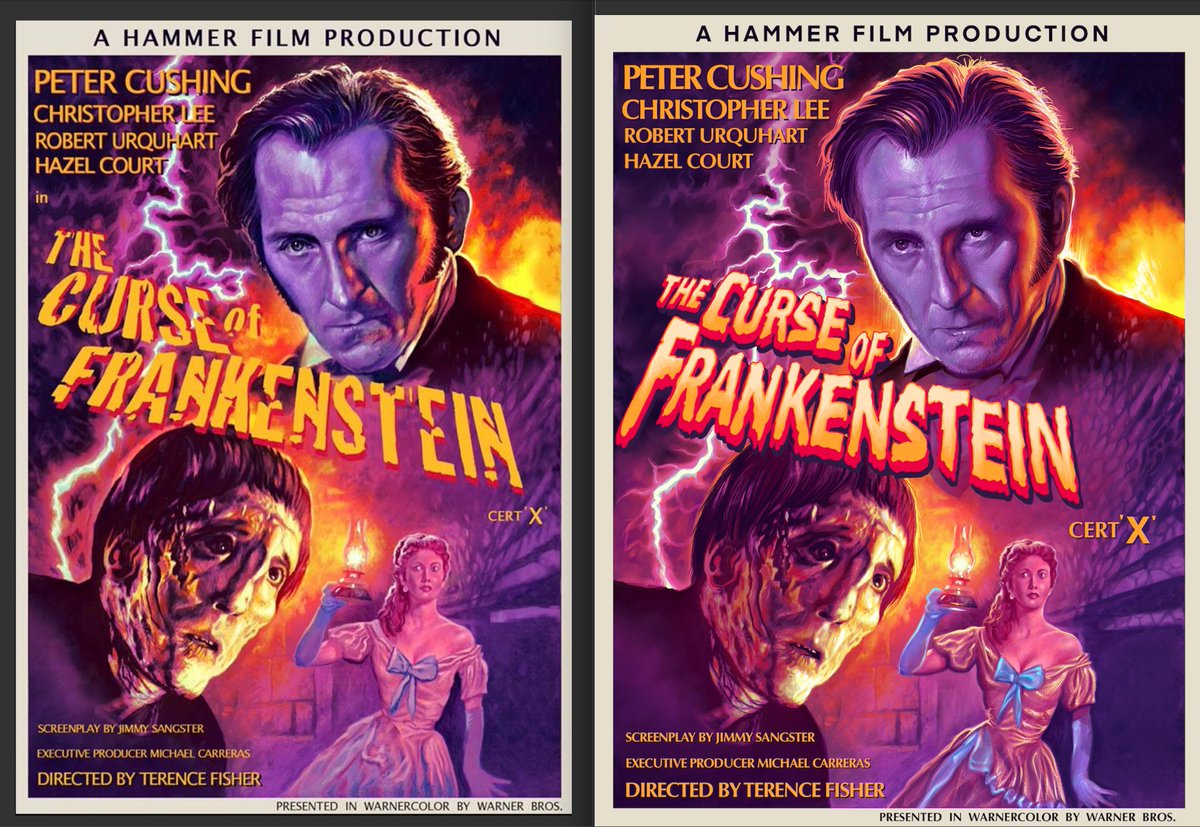 The Curse of Frankenstein. Original - painted by me in 2017, (the first thing I'd painted in over four years) and the revamp 2020. Hammer Horror got me back into painting #HammerHorror #Frankenstein #PeterCushing #Mirtazapine @HammerGothic @PeterCushingOrg @HammerHorrorPod