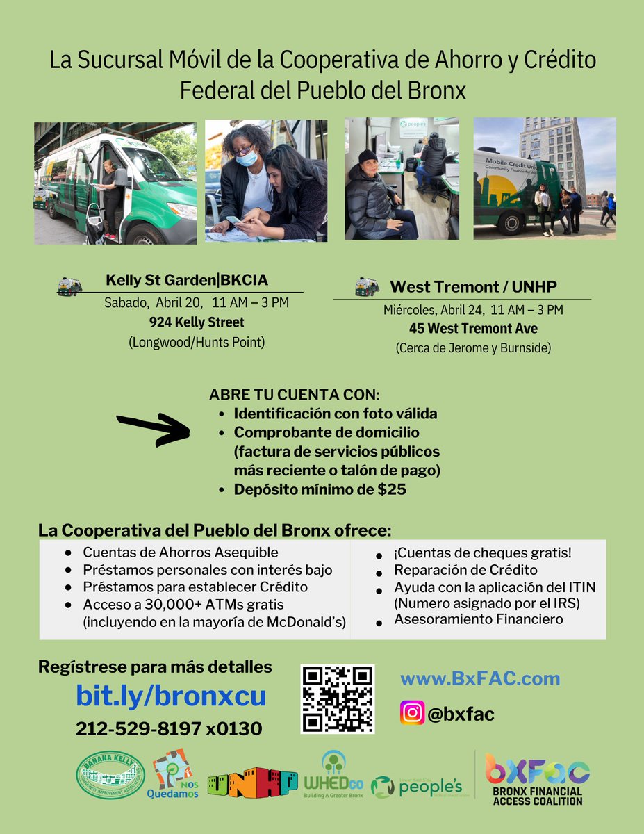 Pasa por nuestra Banco Móvil este mes. 🚐💨
¡Toma tus finanzas en tus propias manos!

Regístrate para más información en bit.ly/bronxcu o llama al 212-529-8197 x0130
