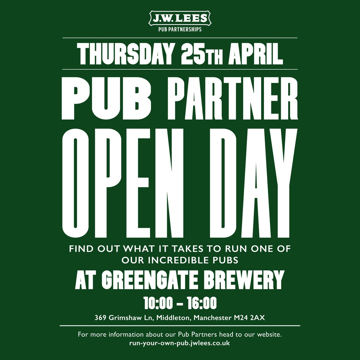 JWLeesBrewery's tweet photo. Have you ever wondered what it would be like to run your own pub? 🤔

We're holding an open day here at Greengate Brewery next Thursday 25th April, 10am - 4pm. Feel free to drop in any time and speak to the team. 🙌

https://t.co/8A1KXhtF6S https://t.co/MhILZNbR8V