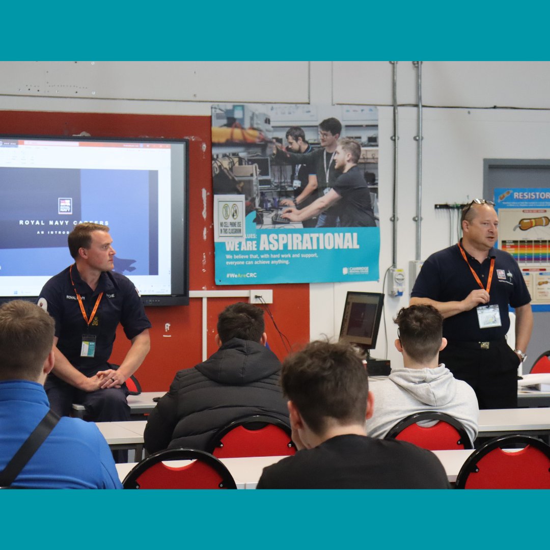 Chief Petty Officer Peter Chappel & Petty Officer Chris Richie gave a talk to level 2 Engineering students about recruitment to the Royal Navy. The presentation focused on all available entry possibilities including apprenticeships in the #RoyalNavy. #WeAreCRC #Apprenticeships