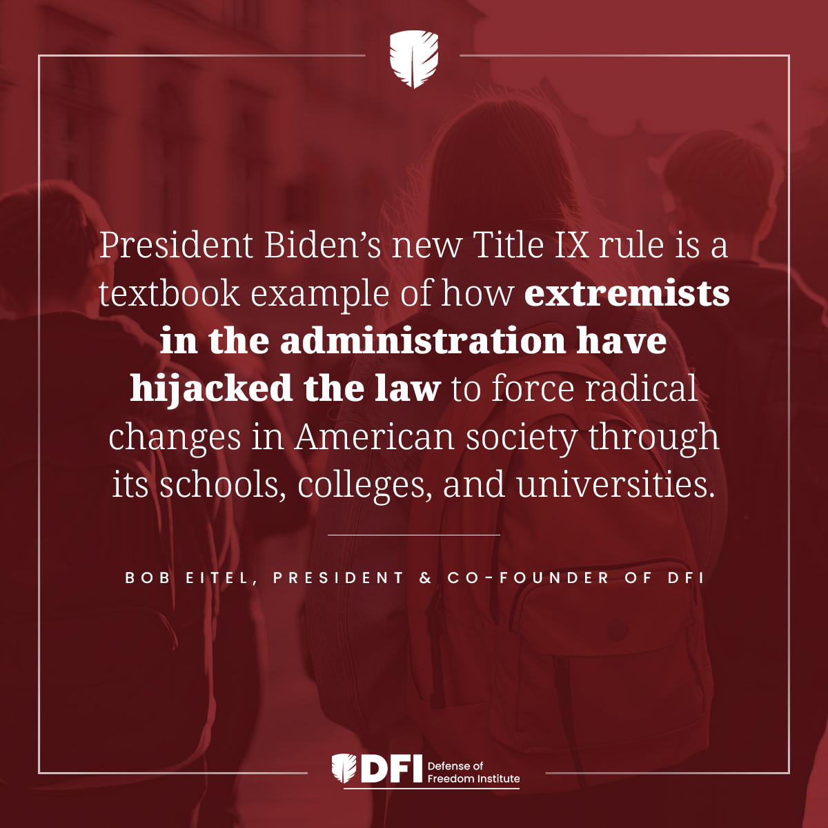 A statement from DFI Co-Founder and President Bob Eitel on Biden's radical #TitleIX rewrite. View our press release to see the full statement: loom.ly/9OfYFVs
