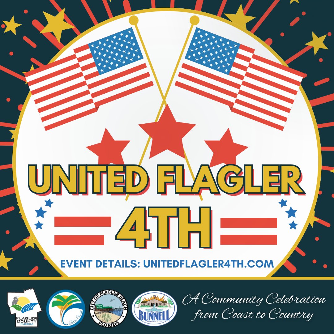 𝐒𝐚𝐯𝐞 𝐭𝐡𝐞 𝐃𝐚𝐭𝐞! | 𝑼𝒏𝒊𝒕𝒆𝒅 𝑭𝒍𝒂𝒈𝒍𝒆𝒓 𝟒𝒕𝒉
🎉 Join us for a community celebration on July 4th! 🎆

🎇 Parade in Flagler Beach!
🏖️ Beachside entertainment!
🎆 Fireworks at the Airport!

Visit UnitedFlagler4th.com #CommunityCelebration #July4th