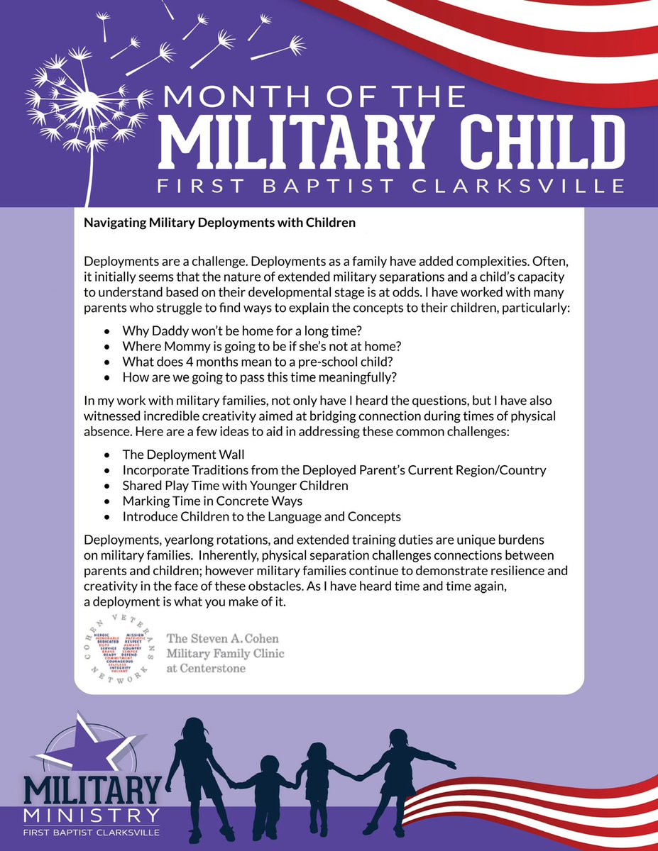MilitaryFBCT's tweet photo. Deployments are challenging. 

So during the #MonthoftheMilitaryChild, the @CohenClinicTN provided this article on helping children navigate deployments. 

Serving our military families together.

#MOMC #FBCT #youbelonghere #militaryministry https://t.co/hSwtvABwgk