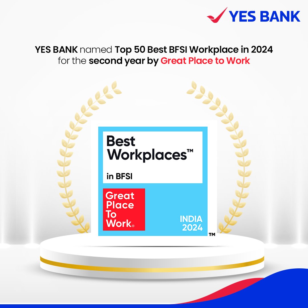 Twice as nice! YES BANK has been named a Top 50 Best BFSI Workplace for the 2nd year! Big thanks to our team's dedication to excellence. Here's to more! #GreatPlaceToWork #BestBFSI #YESBANK #Success