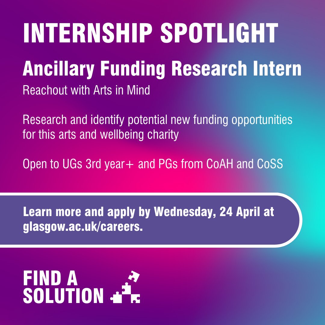 🎨 Internship spotlight! Ancillary Funding Researcher Intern @Reachout_Alloa Open to UGs 3rd year+ and PGs from @UofGArtsHums/@UofGSocSci Research and identify new funding opportunities for this arts and wellbeing charity. 👉 Apply by Wed, 24 Apr at glasgow.targetconnect.net/leap/jobs.html….