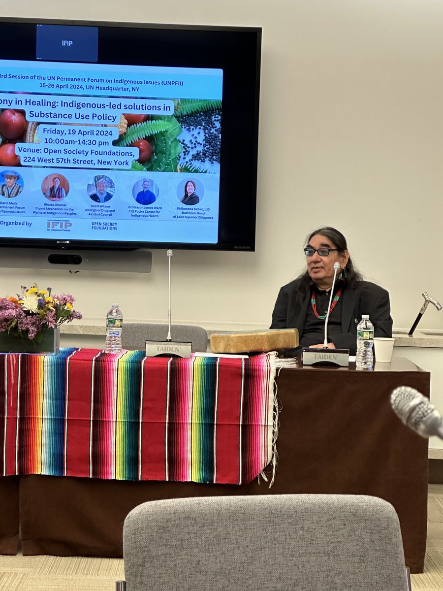 George Stonefish, First Nation Lenape Leader traditional owners of New York welcoming guest at the side event @ UNPFII Harmony in Healing: Indigenous -Led Solutions in Substance Use Policy ⁦@nzdrug⁩ ⁦@MelissaSweetDr⁩ ⁦@KConigrave⁩ ⁦@WgarNews⁩