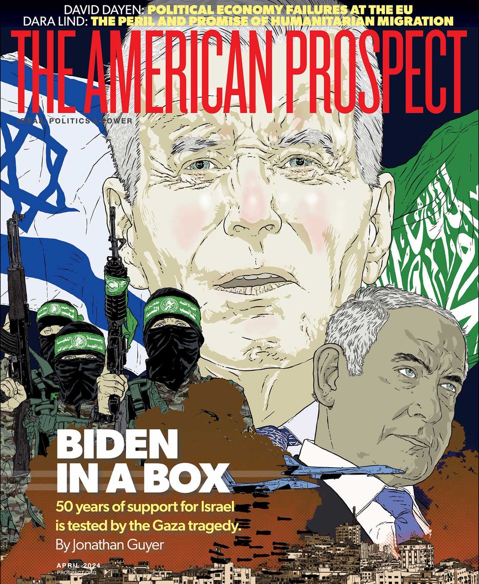 'How Biden Boxed Himself In on Gaza' Cover story illustration by Jan Feindt for The American Prospect's April issue. 50 years of support for Israel is tested by the Gaza tragedy. See more of Jan's recent work: rappart.com/artists/jan-fe…