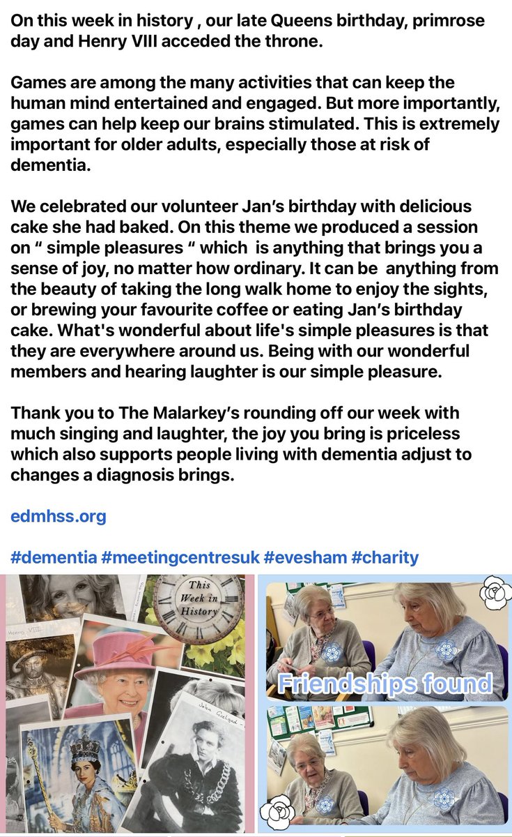eadmc20's tweet photo. “Simple pleasures “which is anything that brings you a sense of joy,no matter how https://t.co/A4uYUyV7I8 can be anything from the beauty of taking the long walk home to enjoy the sights.Being with our wonderful members &amp; hearing laughter is our simple pleasure.
@DementiaStudies https://t.co/dwrVAKJWSu