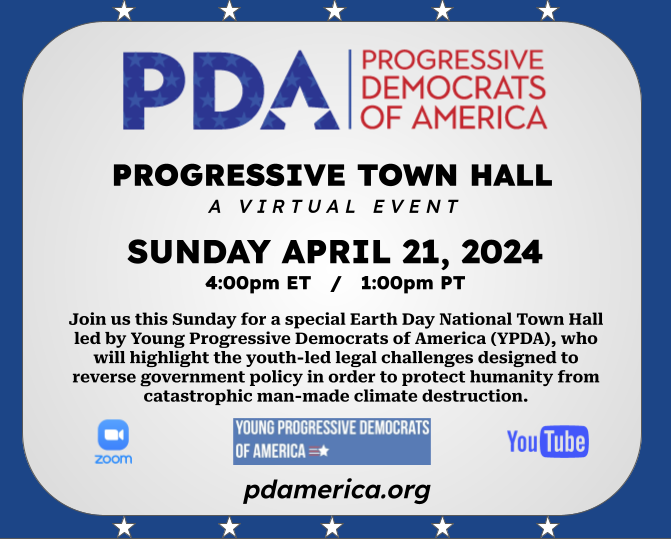 PDA Progressive Town Hall led by YPDA Sunday 4/21/2024 4pm ET / 1pm PT Join us! pdamerica.org/sunday-the-you…