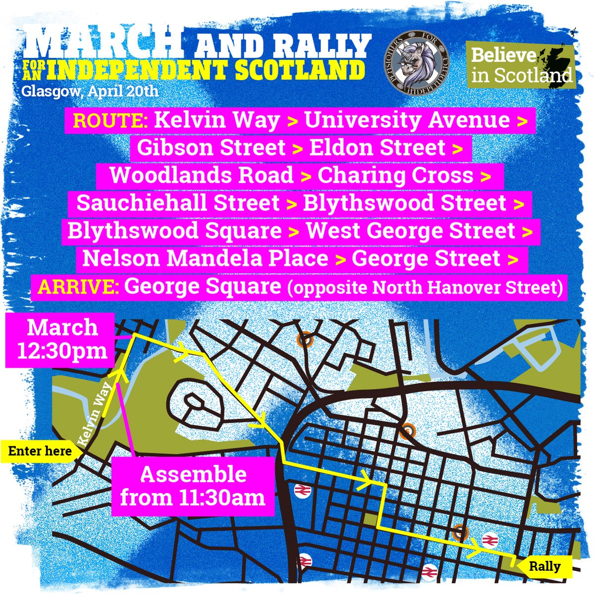 🏴󠁧󠁢󠁳󠁣󠁴󠁿 The March and Rally for an Independent Scotland is tomorrow! 📍 Assemble at Kelvin Way, Glasgow from 11:30am. 👇 All March & Rally information can be found here: bit.ly/3uj64Mi #BelieveinScotland #Glasgow