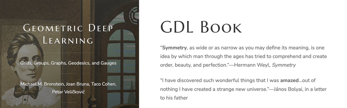 After 3 years, it's time for us to start sharing the chapters of the GDL book! ❤️ Also included: companion slides from our @Cambridge_Uni & @UniofOxford courses 🧑‍🎓 Chapter 1 is out **now**! More to follow soon 🎉 geometricdeeplearning.com/book 📖 @mmbronstein @joanbruna @TacoCohen