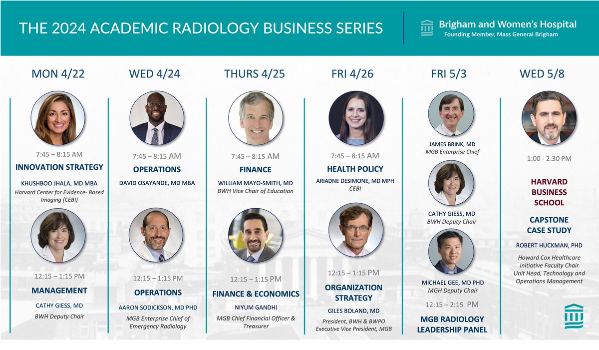 📣 Announcing the 2024 Academic Radiology Business Series, hosted by <a href="/BrighamRad/">Brigham and Women's Radiology</a> <a href="/harvardmed/">Harvard Medical School</a>!

👇Check out this fantastic line-up reviewing high yield radiology-specific concepts in strategy, management, operations, finance &amp; economics with a capstone <a href="/HarvardHBS/">Harvard Business School</a> case discussion