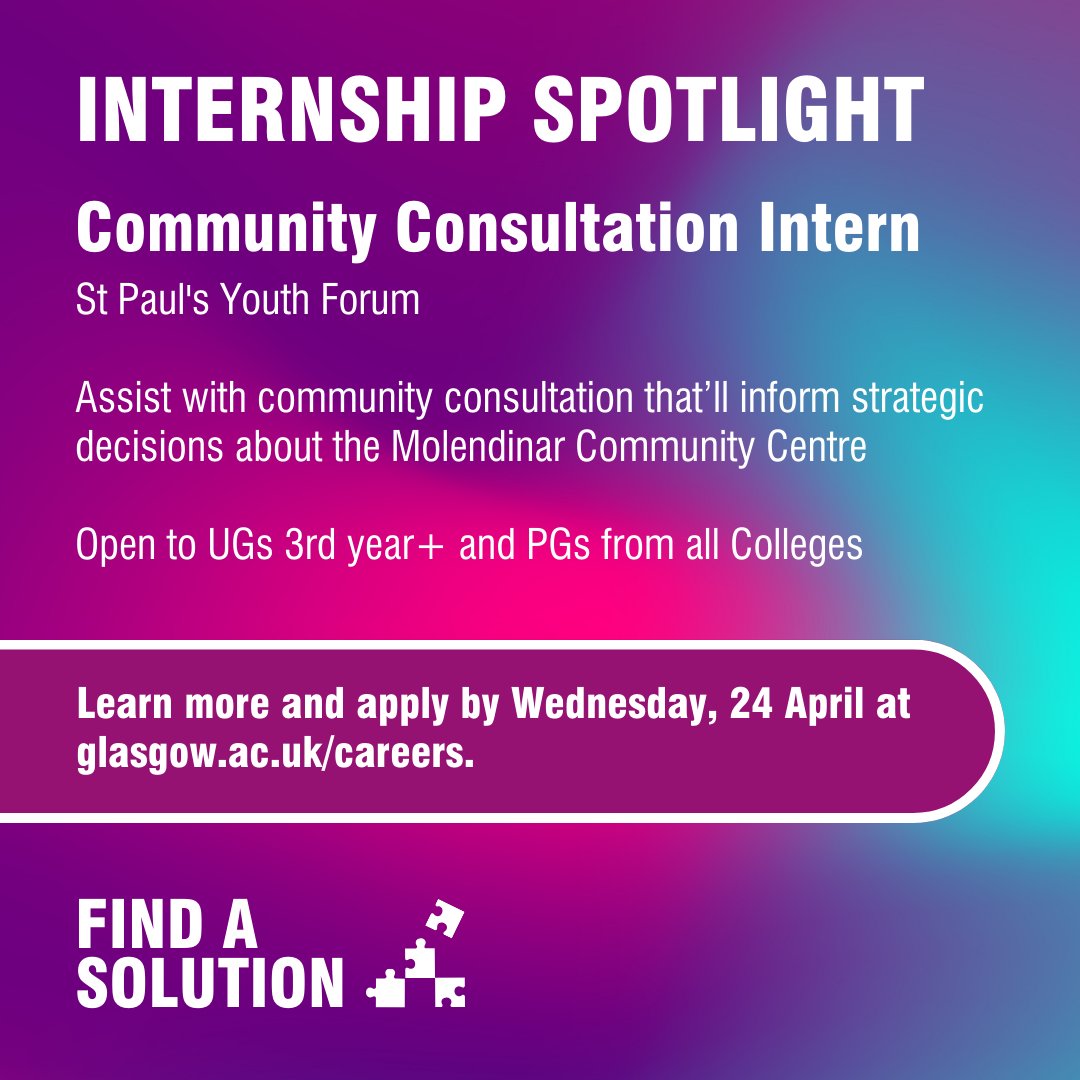 🤝 Internship spotlight! Community Consultation Intern @StPaulsYF Open to UGs 3rd year+ and PGs from all Colleges Assist with community consultation that’ll inform strategic decisions about the Molendinar Community Centre. 👉 Apply by Wed, 24 Apr at glasgow.targetconnect.net/leap/jobs.html….