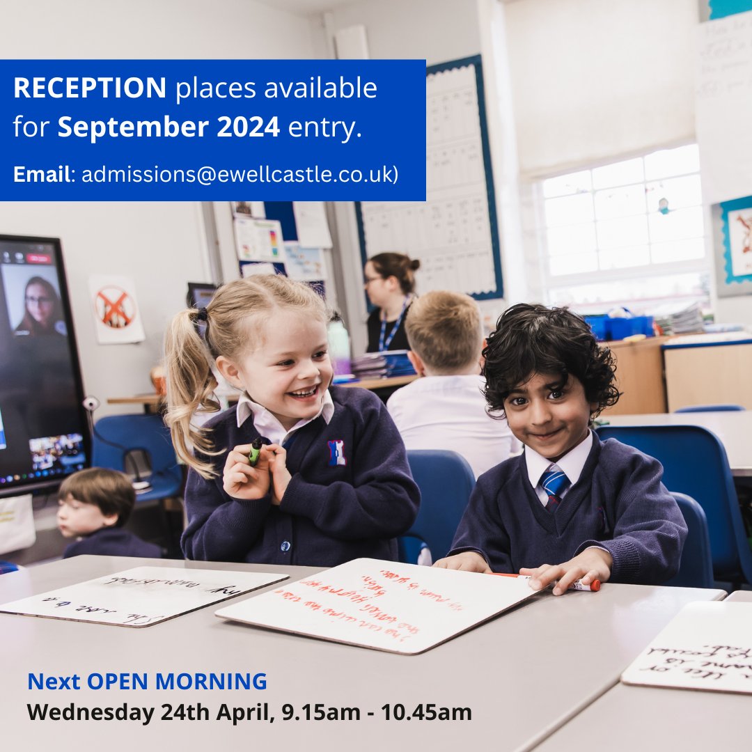 If the outcome of your Primary School offer was not the one you hoped for or you are still looking for a Reception place starting in September 2024, visit us at our Open Morning next Wednesday 24th April. To register, please email us on admissions@ewellcastle.co.uk.