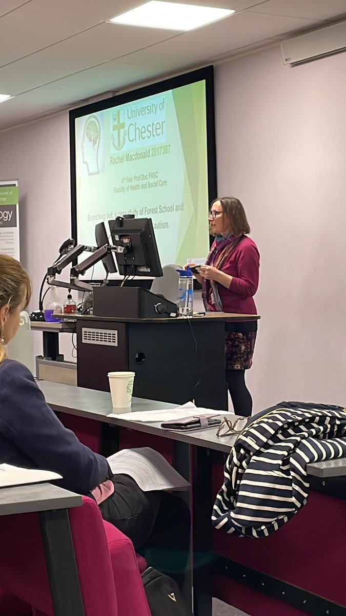 uocfhms's tweet photo. Our next presentation is from Rachel MacDonqld, Prof Doc in Health and Social Care Student with School of Nursing and Midwifery covering: Branching out - A case study of forest school and primary school children with autism #PGR2024 #UniversityofChester #FHMS https://t.co/4mkfATVTpp