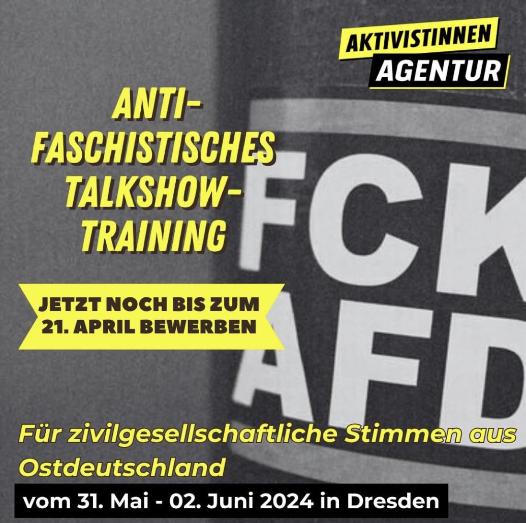 Letzte Chance, beim antifaschistischen Talkshow-Training in Dresden mitzumachen: Noch bis Sonntag kannst du dich bewerben. Du kommst nicht aus Brandenburg, Mecklenburg-Vorpommern, Sachsen-Anhalt, Sachsen und Thüringen? Dann sag’s weiter! aktivistinnen-agentur.de/trainings/nazi…