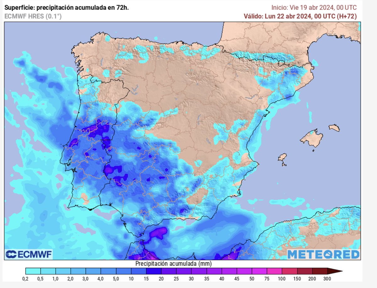 Sobre el sur peninsular aparece ya la difluencia en el flujo de niveles medios (flechas azules) de la zona delantera de la muy débil dana (D). La estructura de las nubes es un poco caótica debido a los distintos flujos en los distintos niveles. Ver ALT