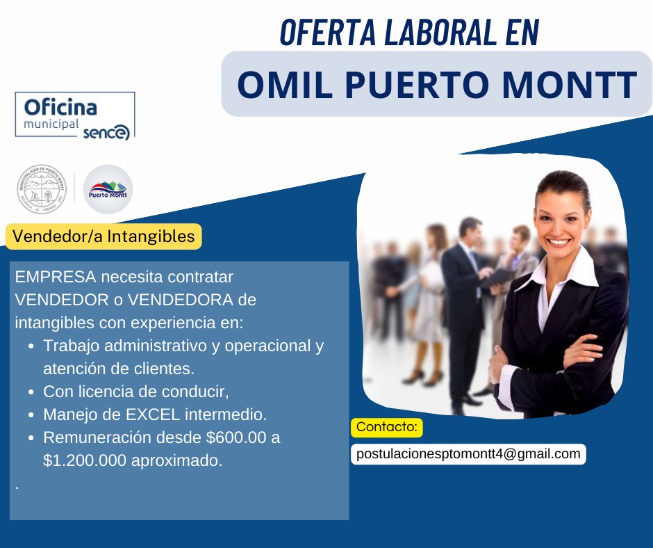 DidecoPM's tweet photo. Informamos de ofertas de empleo, intermediadas por la OMIL #PuertoMontt

1. Dibujante para área ingeniería-producción
2. Vendedor/a intangible
3. Team Player (Vendedor)
4. Team Leader (Jefe Vendedores)

💻 omilpuertomontt@gmail.com
☎️ (65) 2 261322 - 2 261326 - 2 261313

#Empleo https://t.co/2I6LuXoGBD
