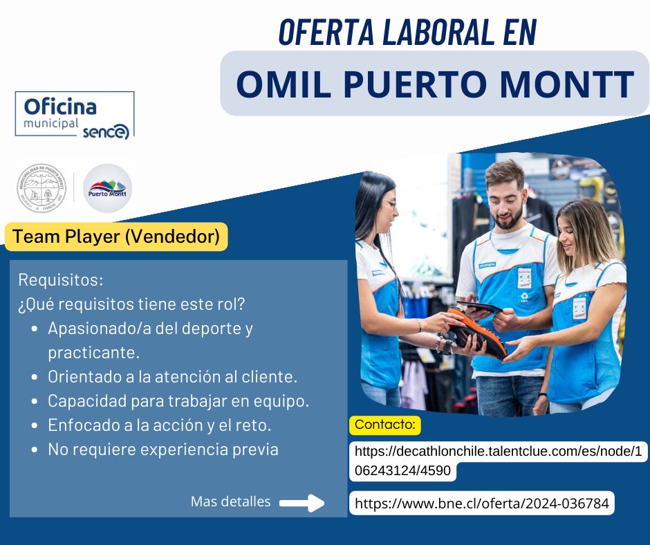 DidecoPM's tweet photo. Informamos de ofertas de empleo, intermediadas por la OMIL #PuertoMontt

1. Dibujante para área ingeniería-producción
2. Vendedor/a intangible
3. Team Player (Vendedor)
4. Team Leader (Jefe Vendedores)

💻 omilpuertomontt@gmail.com
☎️ (65) 2 261322 - 2 261326 - 2 261313

#Empleo https://t.co/2I6LuXoGBD
