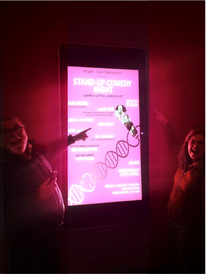 Me and @Erin_bee with our names literally up in lights outside the Contact Theatre in Manchester for @BrightClubMcr this week.