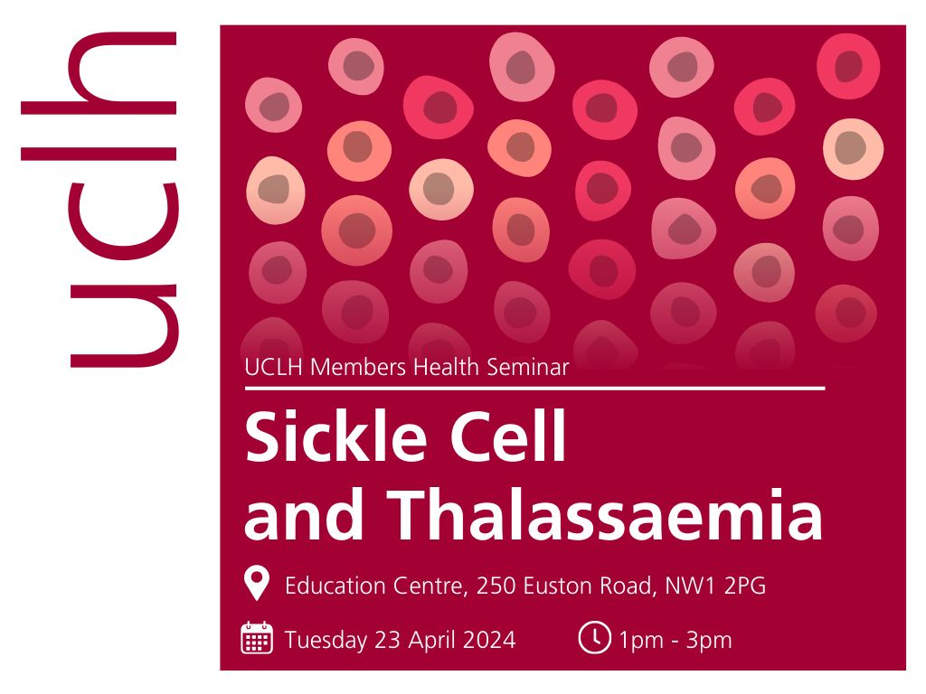 Hear about the latest #sicklecell and thalassaemia treatments, technologies and research at UCLH at our informative #health seminar on Tuesday 23 April, from 1pm - 3pm. To learn more about the event and register your place, visit here: buff.ly/4aEb0et