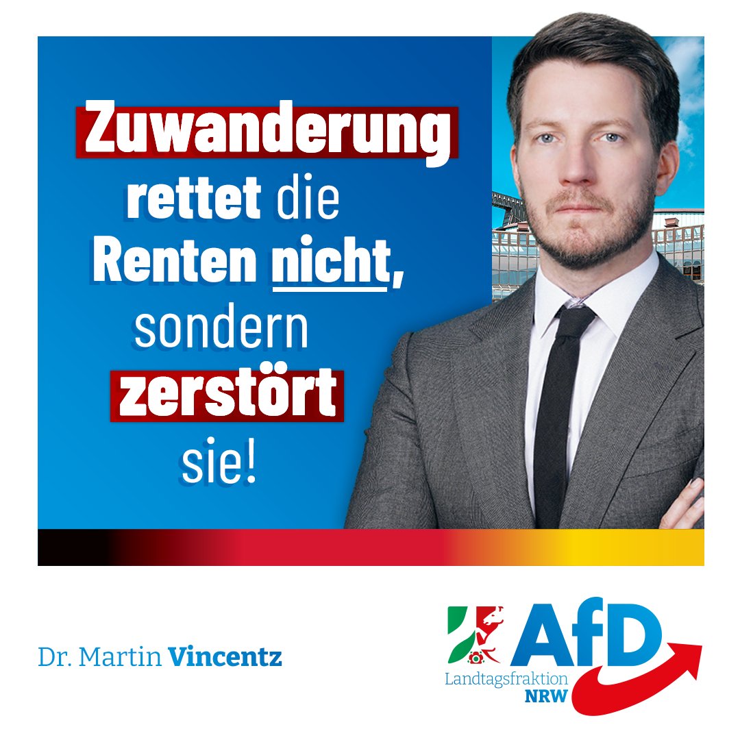 Laut Stiftung Marktwirtschaft erdrückt #Migration den wankelnden Sozialstaat um 5,8 Bio. € zusätzlich. „Unsere AfD-Fraktion mahnt seit Jahren, dass die Massenzuwanderung die Renten nicht rettet, sondern zerstört.“ – @Vincentz_AfD #AfD #ltNRW #Zuwanderung