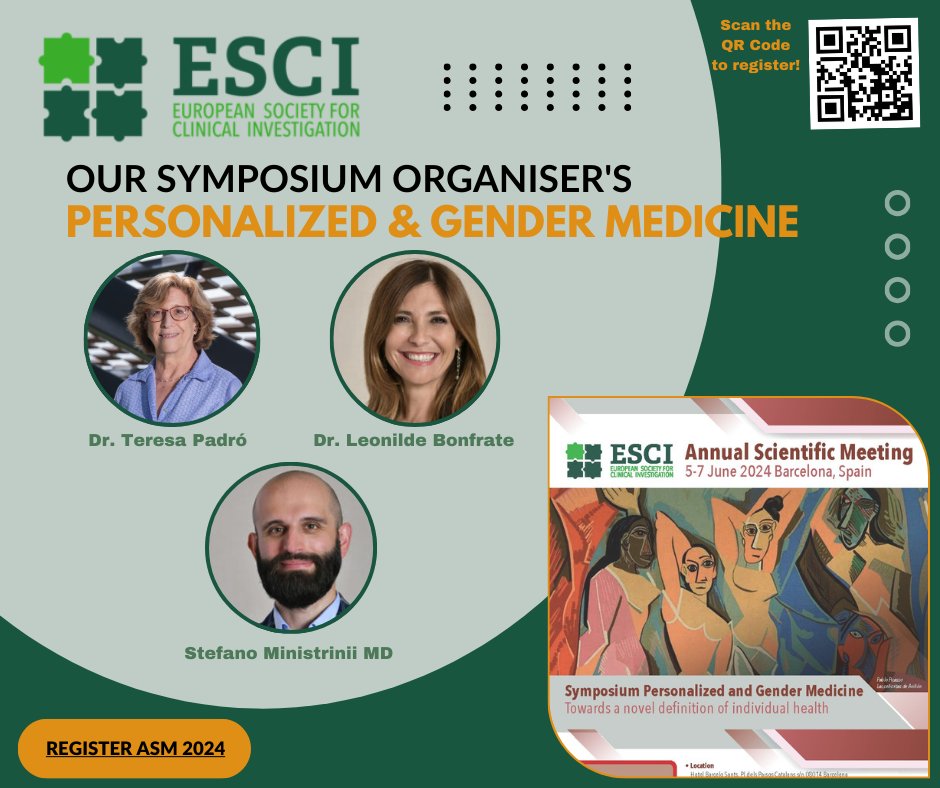 ESCI (@esci_society) on Twitter photo We continue to dazzle you with our Symposium Organisers, Personalized & Gender Medicine!
Teresa Padró 🔸 Leonilde Bonfrate 🔸 Stefano Ministrini
Register at the ASM 2024: @https://esci.eu.com/
#personalizedmedicine #gendermedicine <a href="/UZH_en/">University of Zurich</a> @CIBER_CV We continue to dazzle you with our Symposium Organisers, Personalized & Gender Medicine!
Teresa Padró 🔸 Leonilde Bonfrate 🔸 Stefano Ministrini
Register at the ASM 2024: @https://esci.eu.com/
#personalizedmedicine #gendermedicine <a href="/UZH_en/">University of Zurich</a> @CIBER_CV