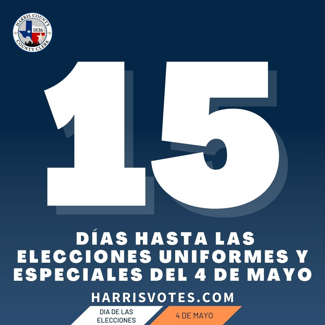 HarrisVotes's tweet photo. 15 days until the May 4 Uniform & Special Elections ✅
🗳️ Vote Early: April 22-30
📬 Deadline to apply for a ballot by mail: April 23
#harrisvotes #hcelections https://t.co/MQXH7PfiM9