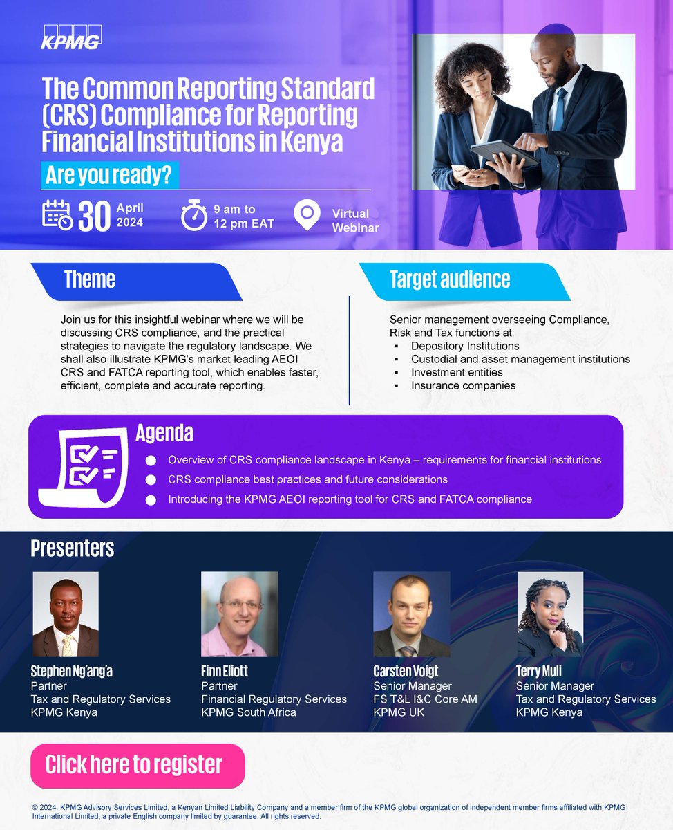 KPMGEastAfrica's tweet photo. We invite you to join us for this insightful webinar where we will be discussing the Common Reporting Standard (CRS) compliance for Reporting Financial Institutions in Kenya, and the practical strategies to navigate the regulatory landscape.
Register: https://t.co/tuRJsM92ZX https://t.co/eSwvQoYb5O