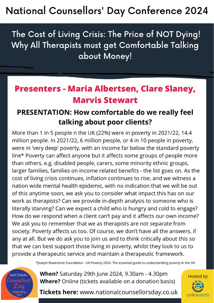 Hoping to address some of the questions in this thread with @clareslaney and @marviStewart1 at the 2024 National Counsellors’ Day Conference - How comfortable are we as therapists talking about poor people? #therapistsconnect #therapisttwitter