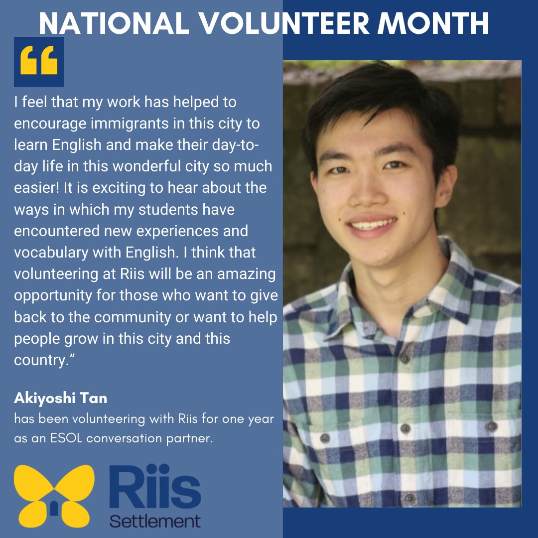 As we continue to celebrate #NationalVolunteerMonth, we're excited to highlight Akiyoshi Tan, who generously volunteers as an ESOL conversation partner, providing 1:1 English practice for students. Click the link in our bio if you're interested in volunteering at Riis!