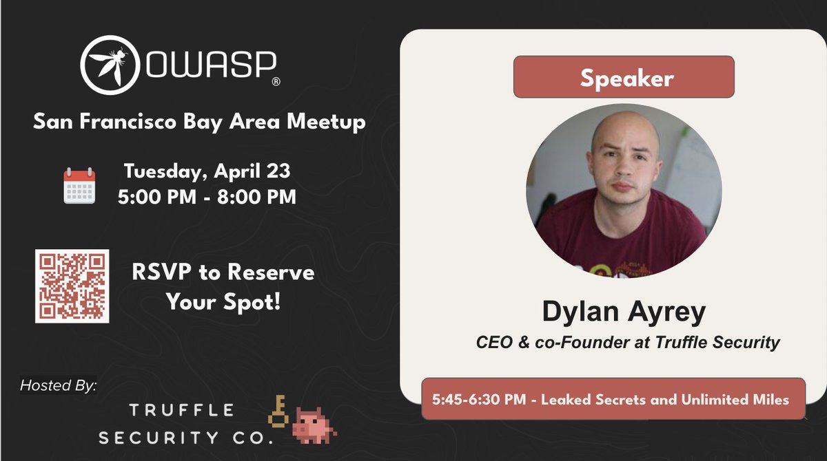 🐝Have you signed up for the @OWASPBayArea Meetup in SF next Tuesday on 4/23 from 5-8? 🌟You won't want to miss @InsecureNature’s talk on “Secrets from a bygone era.” 👉 Spaces are filling up. Secure your spot now: meetup.com/bay-area-owasp…
