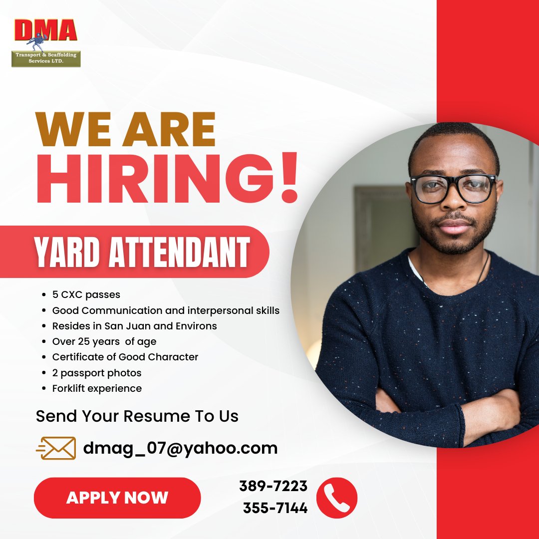 Looking for a rewarding career opportunity? 

We're hiring Yard Attendants! If you meet the requirements and are ready to join our team, send your resume to dmag_07@yahoo.com.

Contact us - 389-7223 and 355-7144

#DMA #NowHiring #YardAttendants