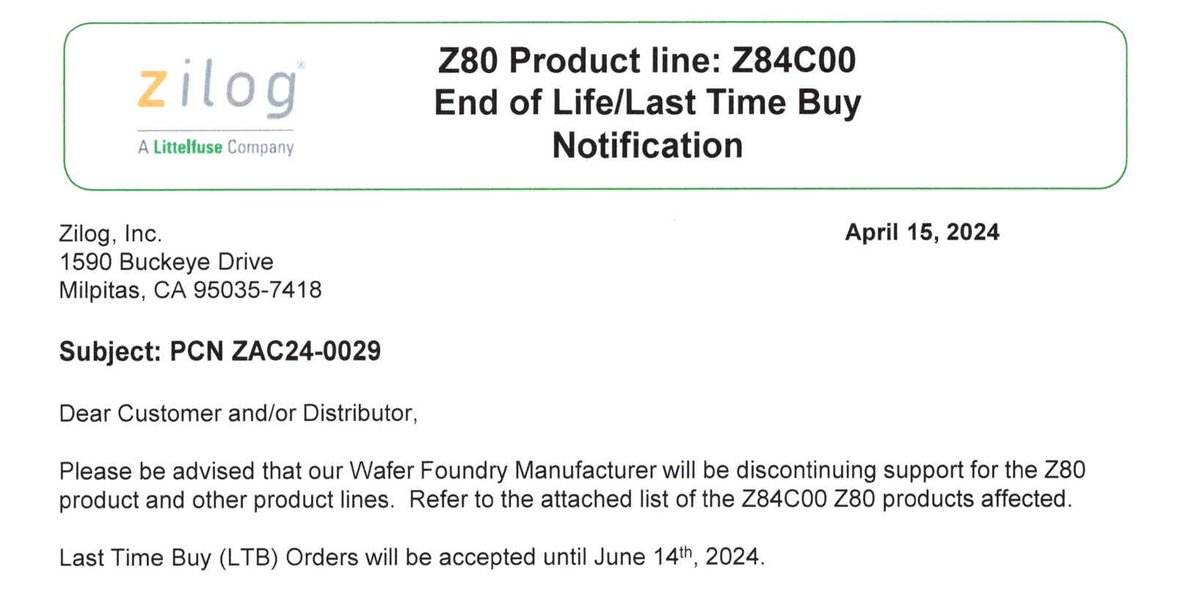MrChuxMan's tweet photo. 😡MUY MALAS NOTICIAS:

Zilog anuncia el cese de la producción del Z80 después de 49 años. Sólo podía quedar uno, y al final ha ganado el 6502.

Más vale que hagáis acopio ya, ya sabéis cómo son los chinos y los especuladores y subirán de precio.

Más info: https://t.co/z4zYCzIXTm https://t.co/9B6wCHVgjW