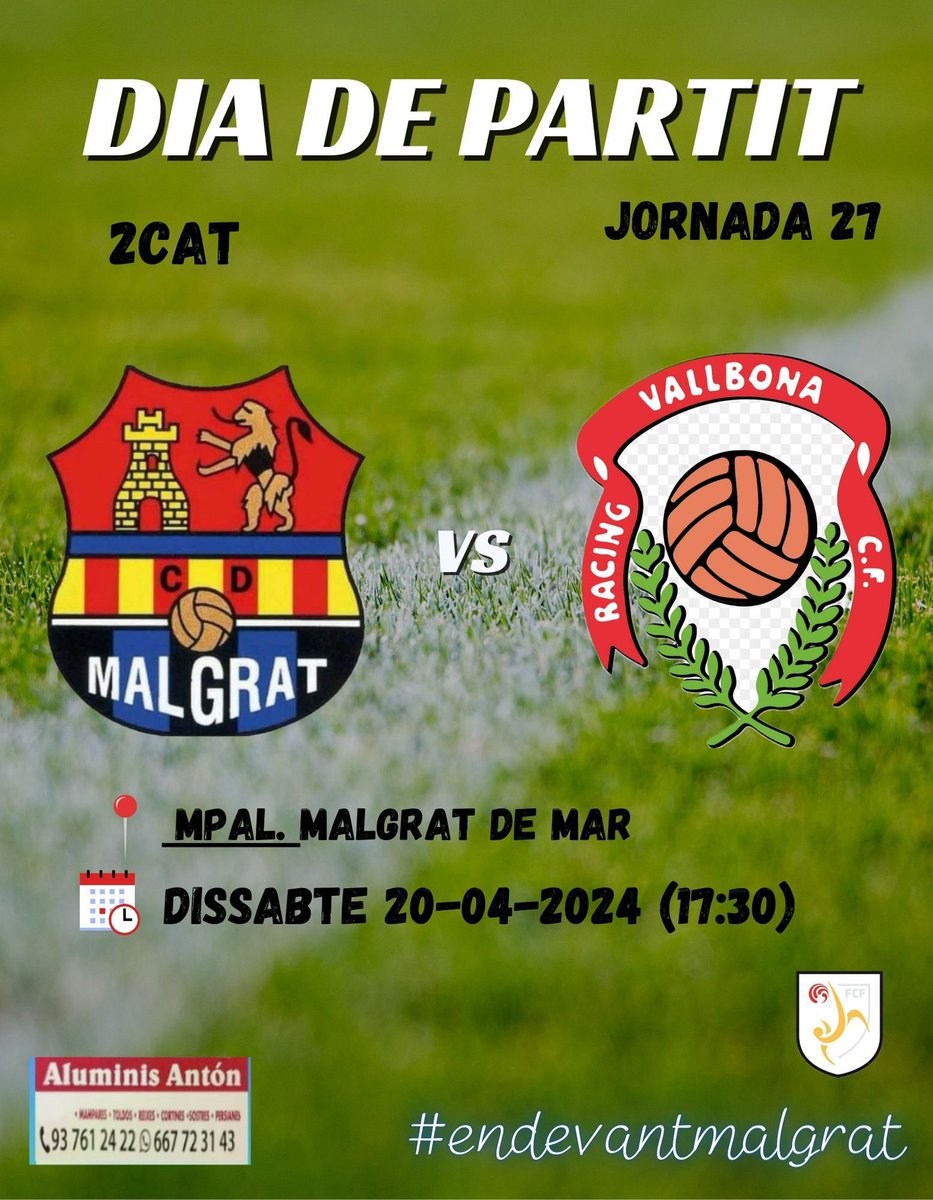 💙🖤 ᔕEGOᑎᗩ ᑕᗩTᗩᒪᗩᑎᗩ 🖤💙

Nova cita per als nois d’en Chava Jiménez al Municipal de Malgrat, aquest cop rebem a casa al @racingvallbonacf 
….
#🅴🅽🅳🅴🆅🅰🅽🆃🅼🅰🅻🅶🆁🅰🆃!

#cdmalgrat #futcat #futbolamateur #2CATGRUP2 #maresme #malgratdemat #endevantmalgrat💙🖤