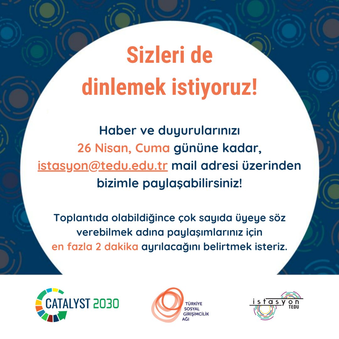 SosyalGirisimTR's tweet photo. 📣Davetlisiniz!
Catalyst 2030 Türkiye Chapterı Çevrimiçi Genel Toplantısı

🗓 30 Nisan 2024, Salı
🕑14:00 - 15:30 (GMT+3)

Kayıt linki:
https://t.co/JcWE5cci6X https://t.co/P3YabFbfpY