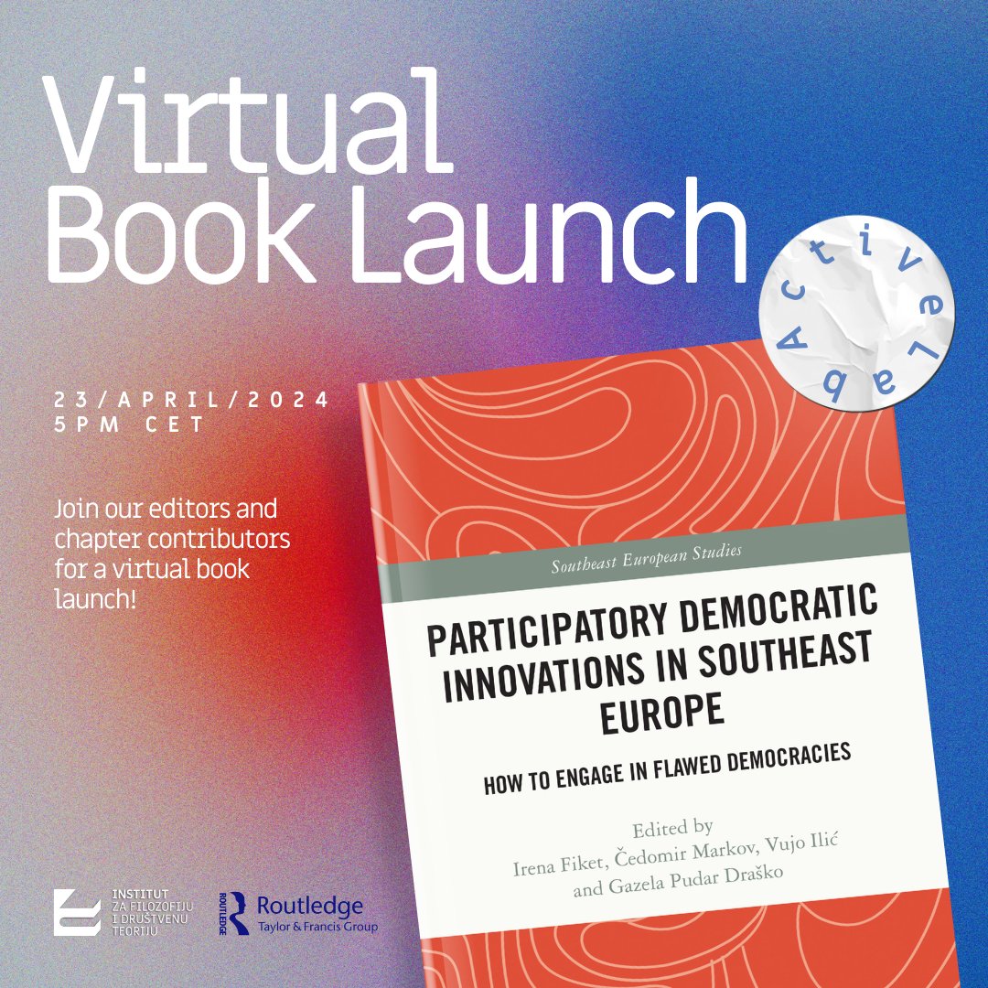 📢Join us on Tuesday, April 23 at 5PM CET for a virtual book launch of 'Participatory Democratic Innovations in Southeast Europe'📢 Published by @Rout_PoliticsIR and fully available in open access! taylorfrancis.com/books/97810325… Register now, Zoom link➡️bit.ly/4496ylO