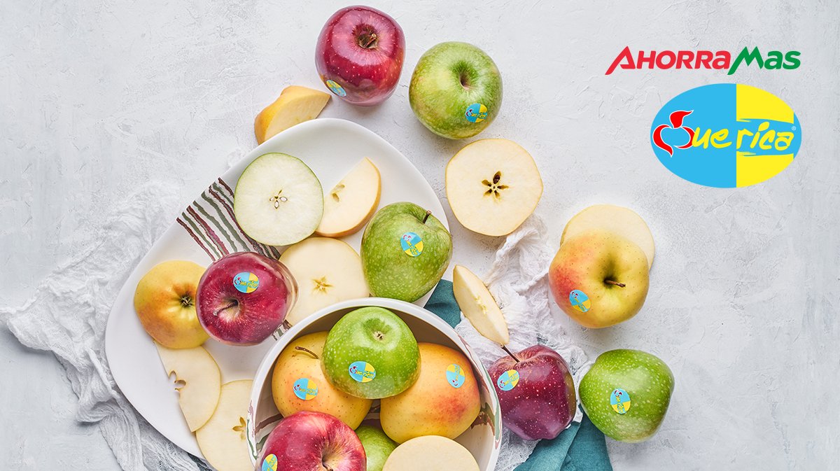 Vive una experiencia única de sabor con las manzanas Que Rica. 🍎🍏🍎🍏 ¡Disponibles en tu Ahorramas más cercano! 😋💛🛒